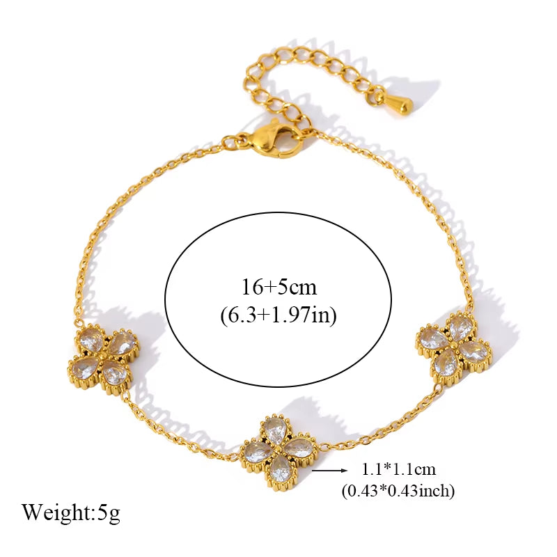 316L Stainless Steel Flower Petal White Zircon Bracelet for Women Fashion Wrist Chain Waterproof Jewelry Lady Gift