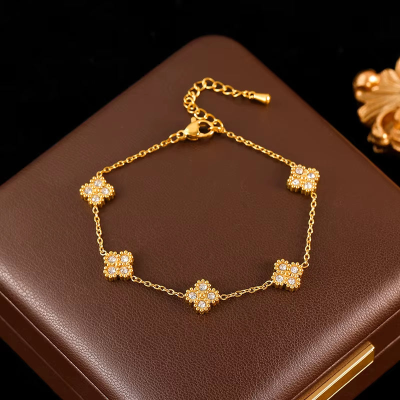 316L Stainless Steel Flower Petal White Zircon Bracelet for Women Fashion Wrist Chain Waterproof Jewelry Lady Gift
