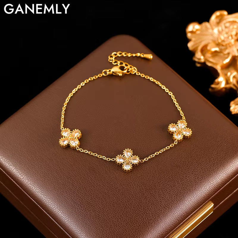 316L Stainless Steel Flower Petal White Zircon Bracelet for Women Fashion Wrist Chain Waterproof Jewelry Lady Gift