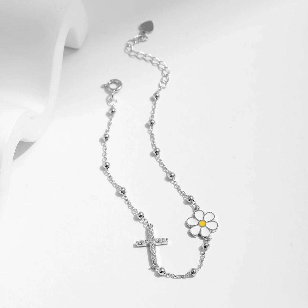925 Sterling Silber Charm Cross & Flower Armband