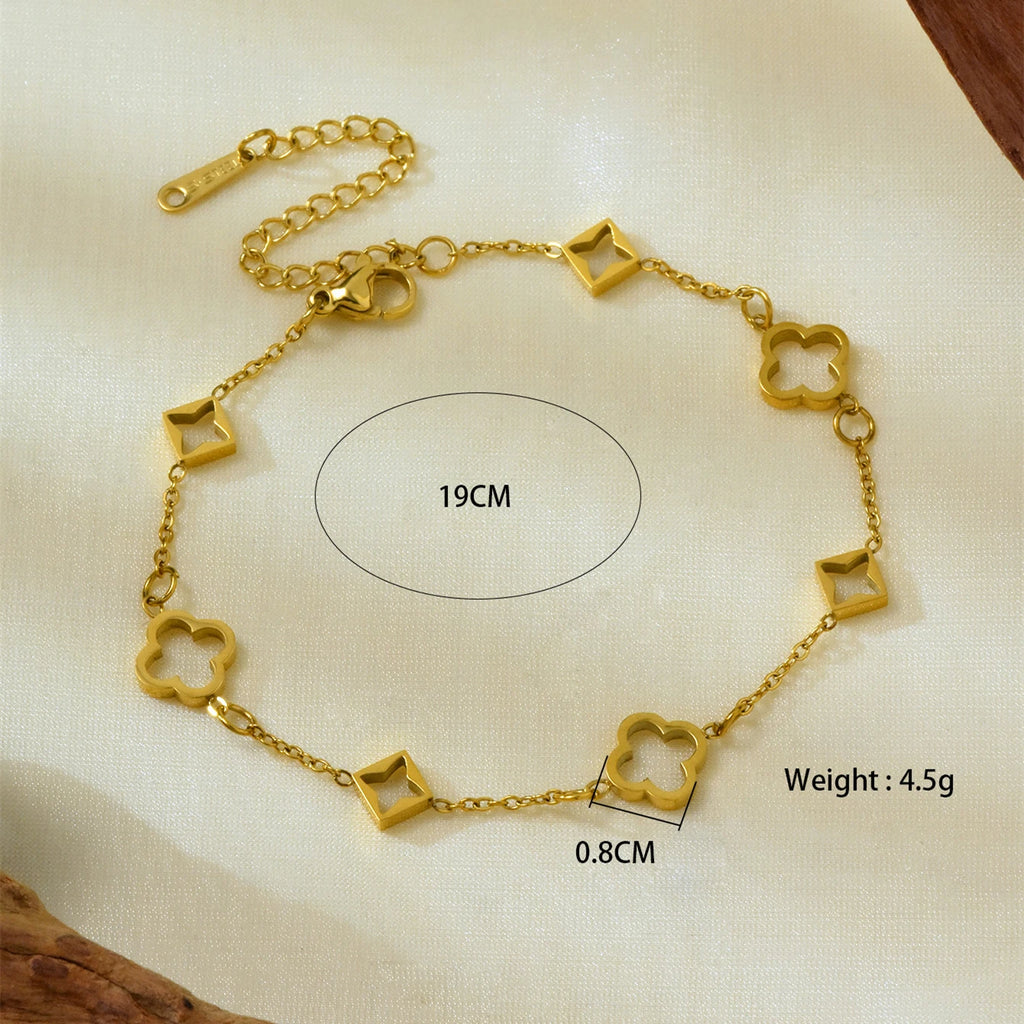 Fashionable and Elegant Retro 18K Gold-Plated Hollowed Out Lucky Flower Four-Leaf Clover Stainless Steel Bracelet Necklace Jewel