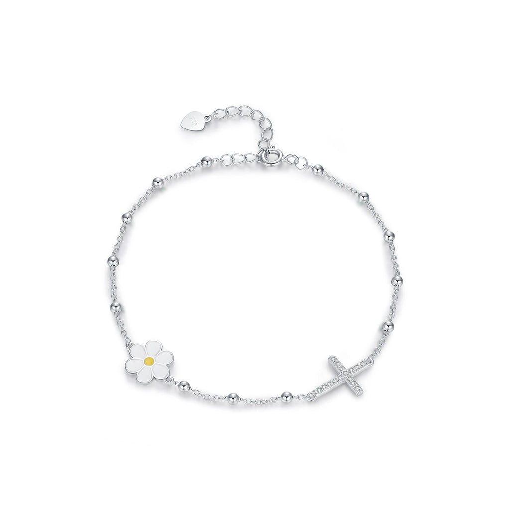 925 Sterling Silber Charm Cross & Flower Armband