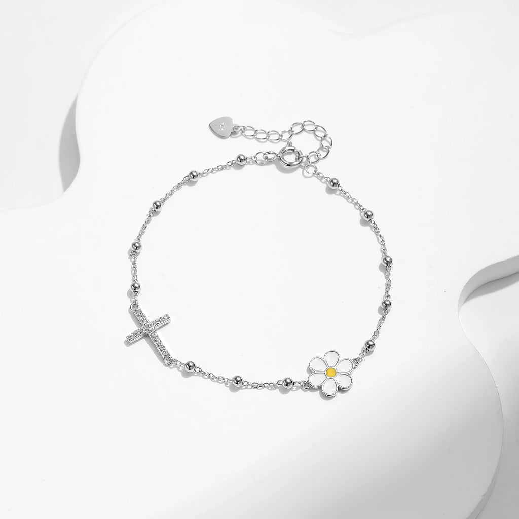 925 Sterling Silber Charm Cross & Flower Armband