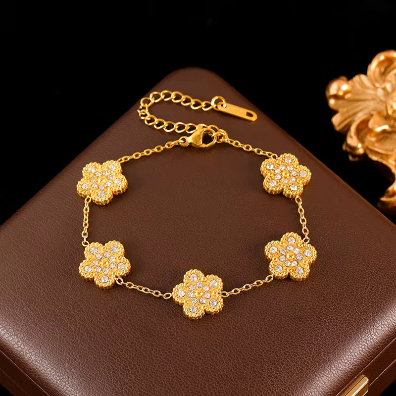 316L Stainless Steel Flower Petal White Zircon Bracelet for Women Fashion Wrist Chain Waterproof Jewelry Lady Gift